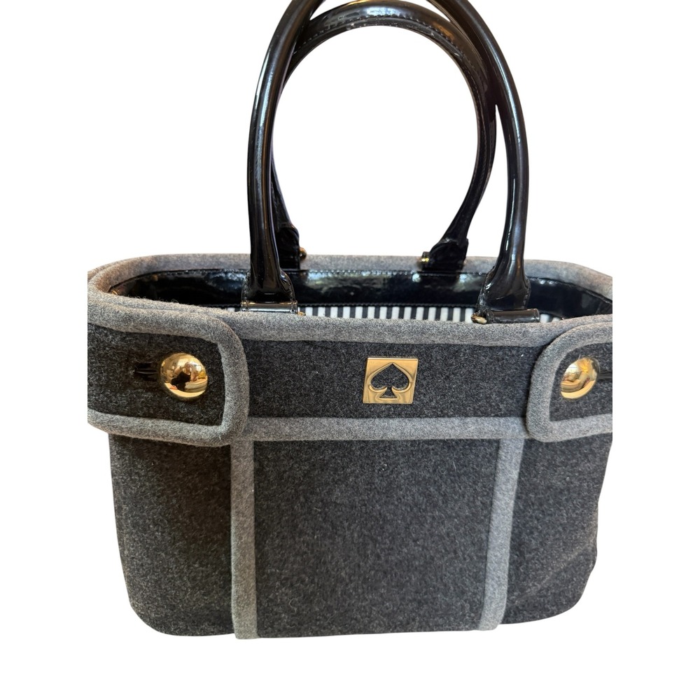 Kate Spade New York Wool Tote Bag Grey Patent Leather Trim Gold Hardware Striped